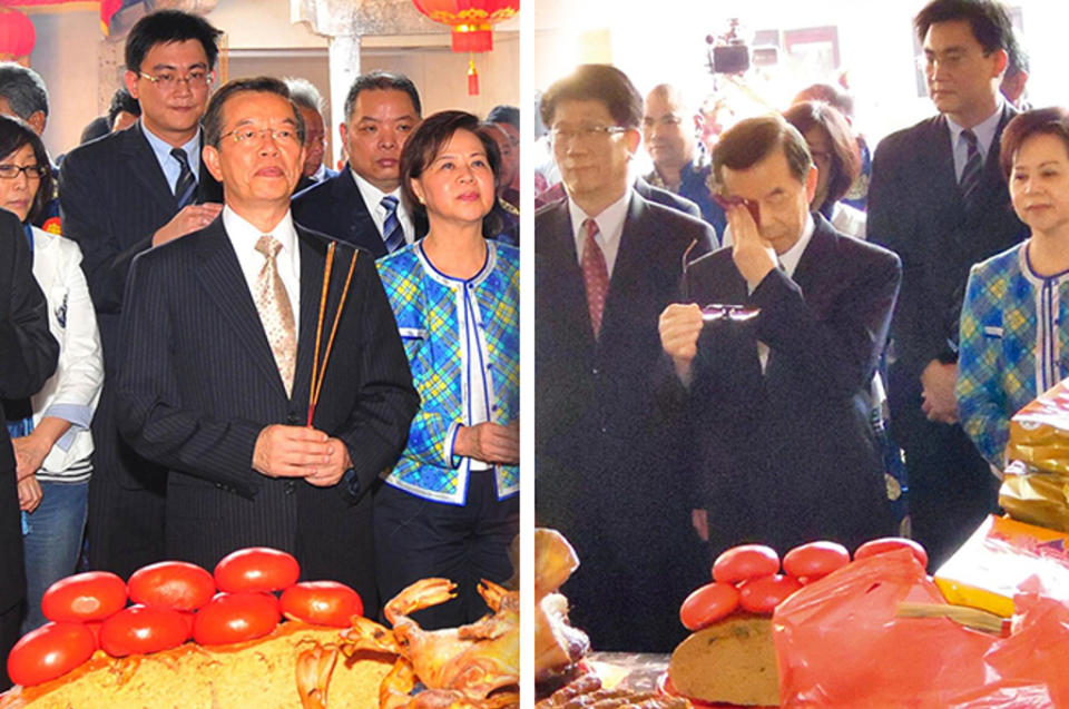 謝長廷曾於2012年「開展之旅」赴中國大陸，到福建謝氏宗祠祭祖。（中新社、中時資料照片合成）