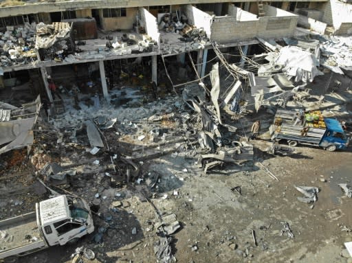 An aerial view shows the destruction following a regime air strike in a market in the town of Maaret al-Numan in the Syrian province of Idlib