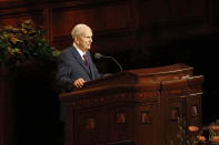 FILE - In this Oct. 5, 2019, file photo, President Russell M. Nelson speaks during The Church of Jesus Christ of Latter-day Saints' twice-annual church conference, in Salt Lake City. For the first time in more than 60 years, top leaders from The Church of Jesus Christ of Latter-day Saints will deliver speeches at the faith's signature conference this weekend without anyone watching in the latest illustration of how the coronavirus pandemic is altering worship practices around the world. The twice-yearly conference normally brings some 100,000 people to the church conference center in Salt Lake City to watch five sessions over two days. This event, though, will be only a virtual one. (AP Photo/Rick Bowmer, File)