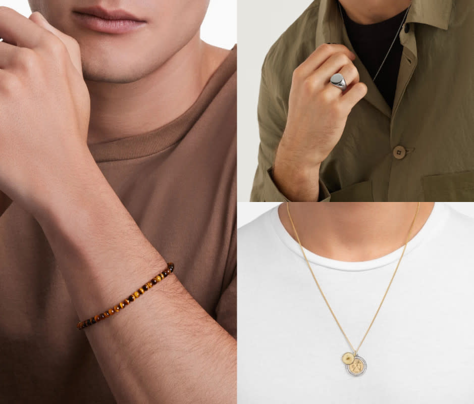 <h3>Avoid: Lots of Jewelry. <br>Embrace: One of each type.</h3><p><em>From left, clockwise: David Yurman, Tom Wood at Mr. Porter, Miansai</em></p><p>With accessories, less is usually more, and for most men, that principle especially applies to jewelry. While figures like Keith Richards and Johnny Depp can effortlessly pull off wearing enough bracelets and rings to circle the earth, that is part of their unique brand (again, authenticity is key). For most guys, I recommend following the "one of each" rule: one bracelet, one ring, and one necklace. These accessories should serve as an extra 10 percent that adds character, personality, and originality to your look without overpowering it.</p><p><strong>Try these accessories:</strong></p>