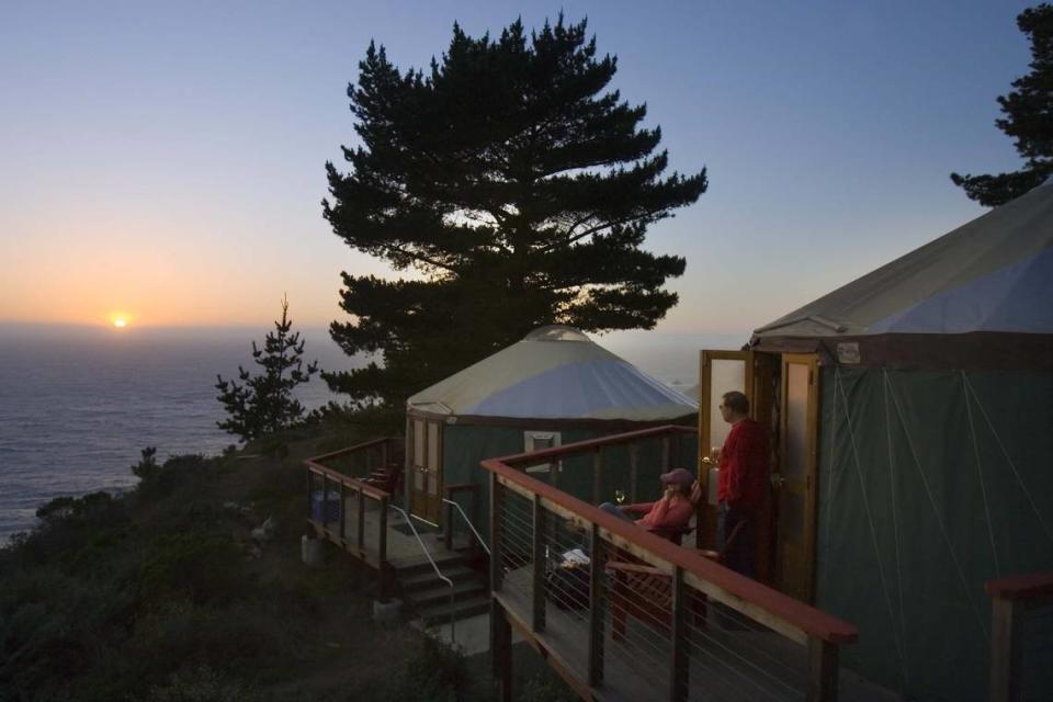 Guests at Treebones Resort, at the southern end of Big Sur and a scenic drive north from Hearst Castle, enjoy the sunset over the Pacific Ocean from the comfort of their yurt.