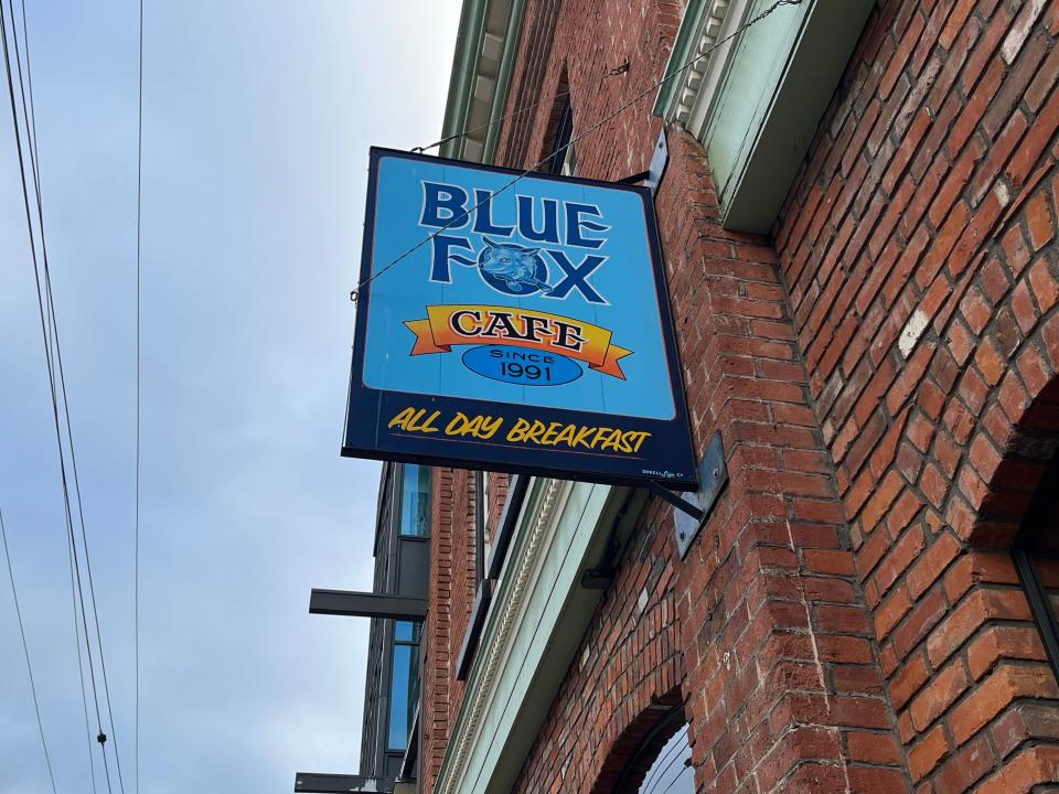 exterior shot of the sign for blue fox cafe in victoria canada