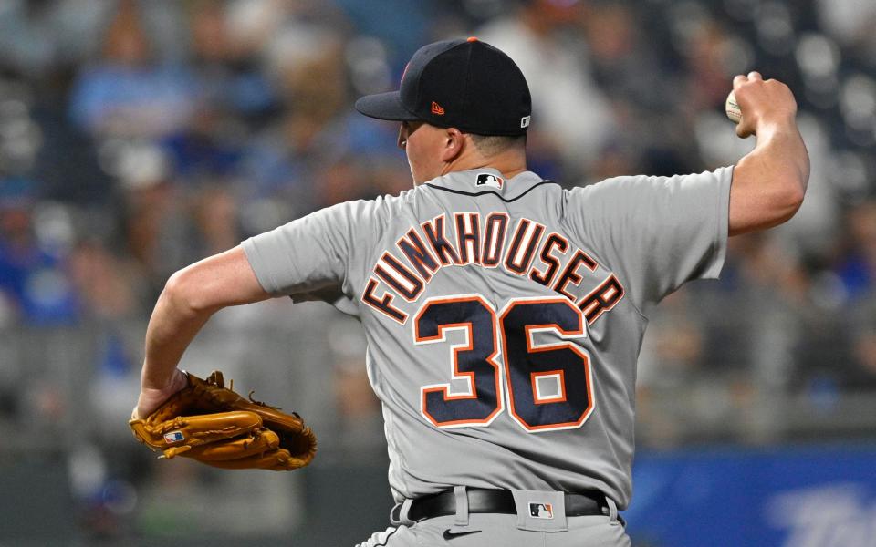 Detroit Tigers relief pitcher Kyle Funkhouser throws to a Kansas City batter during the fifth inning at Kauffman Stadium in Kansas City, Missouri, on Monday, June 14, 2021.