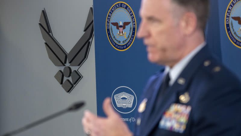 Pentagon spokesman U.S. Air Force Brig. Gen. Patrick Ryder speaks during a media briefing at the Pentagon, Thursday, April 13, 2023, in Washington. The FBI used social media to track down Jack Teixeira, who is now charged with leaking classified documents about the war in Ukraine.