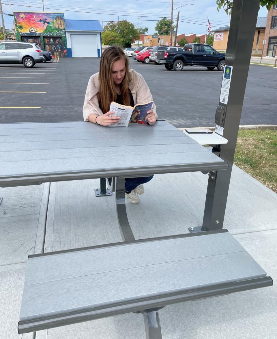 A solar-powered picnic table is now adjacent to the main library's public parking lot where multiple devices can be charged.