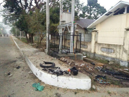 Bomb debris are seen after explosion outside building in Sittwe, Myanmar February 24, 2018 in this picture obtained from social media. Courtesy of Ministry of Information Webportal Handout/via REUTERS MANDATORY CREDIT. THIS IMAGE HAS BEEN SUPPLIED BY A THIRD PARTY. NO RESALES. NO ARCHIVES