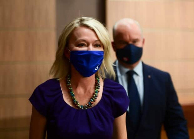 Conservative deputy leader Candice Bergen leaves a press conference with party leader Erin O'Toole on Parliament Hill in Ottawa.