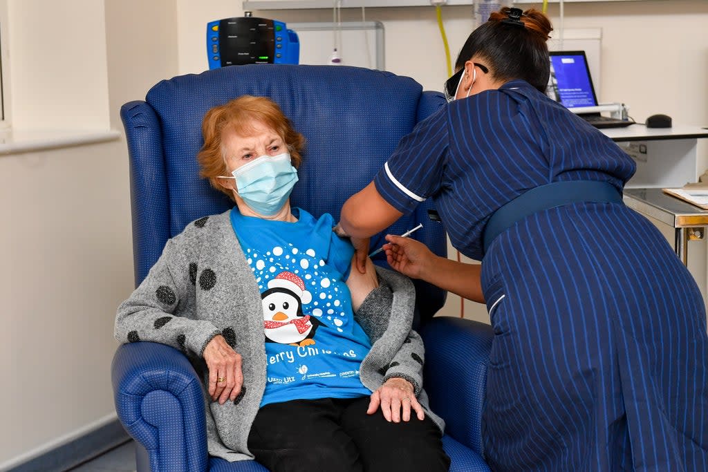 Margaret Keenan was the first person in the world to have a Covid jab at the start of the mass vaccine rollout last year (Jacob King/PA) (PA Wire)