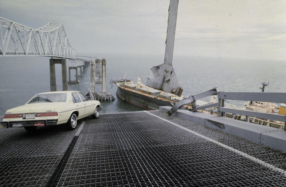 A car at the edge of the Sunshine Skyway Bridge across Tampa Bay, Florida, after the freighter Summit Venture struck the bridge during a thunderstorm and tore away a large part of the span on May 9, 1980. / Credit: Jackie Green / AP