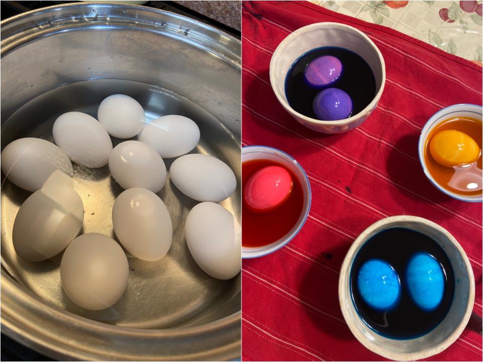 Side by side of white eggs in a pot with water next to pink, purple, blue, and orange eggs in bowls with colored water.