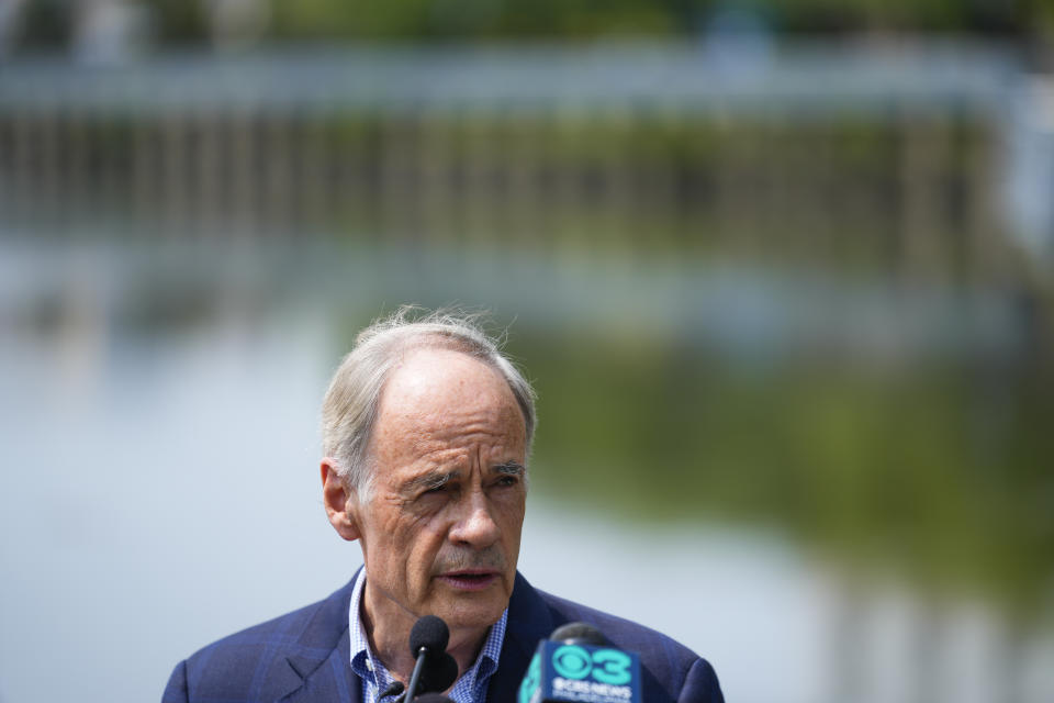 Sen. Tom Carper, D-Del., speaks during a news conference in Wilmington, Del., Monday, May 22, 2023. Carper announced Monday that he will not seek re-election to a fifth term in the U.S. Senate. (AP Photo/Matt Rourke)