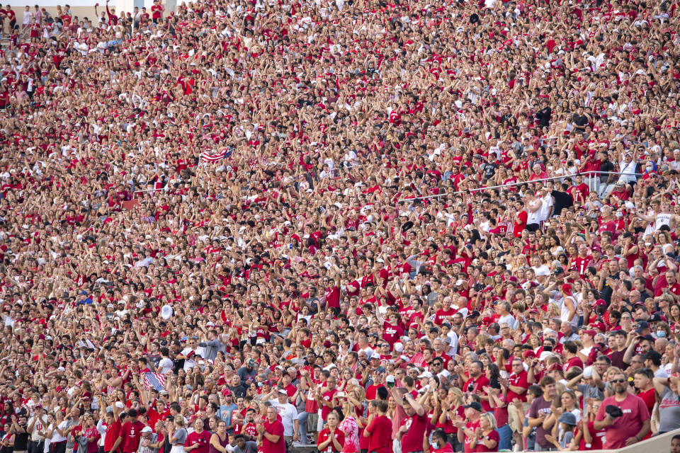 Indiana fans pack the stadium for the kickoff of an NCAA college football game against Idaho, Saturday, Sept. 11, 2021, in Bloomington, Ind. (AP Photo/Doug McSchooler)