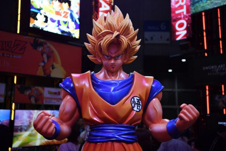 Dragon Ball Z character Son Guoku is seen at a promotional booth for the video game "Dragon Ball Z: Kakarot" during the Tokyo Game Show in Makuhari, Chiba Prefecture on September 12, 2019.
