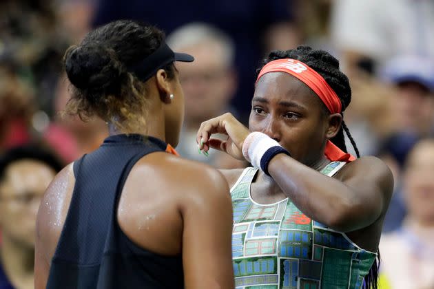 Naomi Osaka (left) and Coco Gauff are photographed after Osaka defeated Gauff during the third round of the U.S. Open on Aug. 31, 2019, in New York City.
