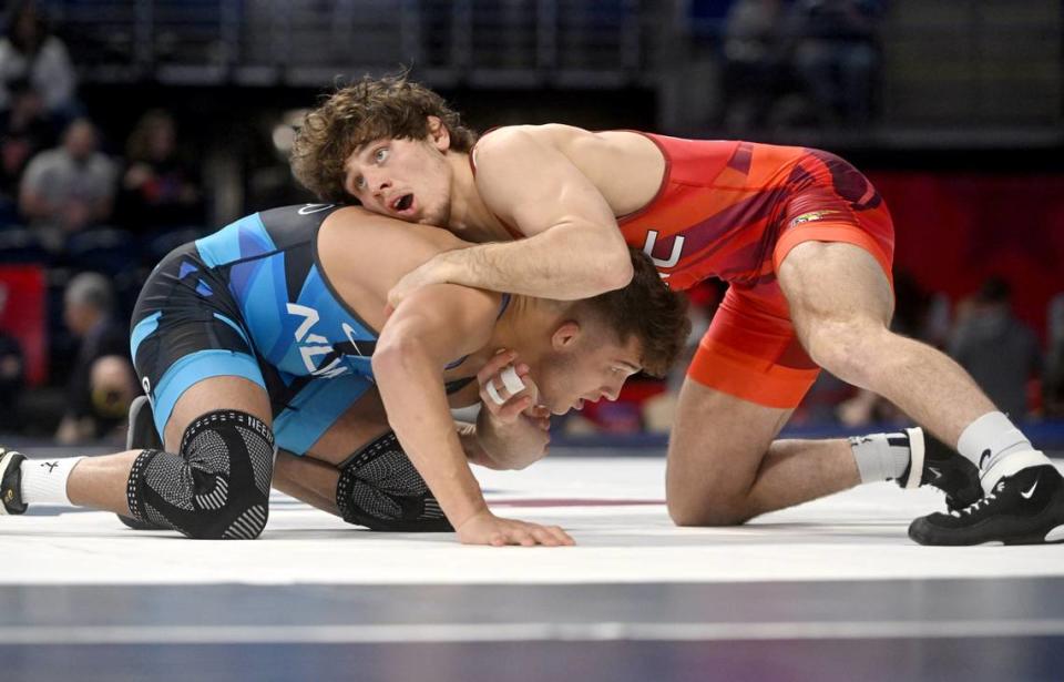 Levi Haines controls Alex Facundo in a first round 74 kg bout during the U.S. Olympic Team Trials at the Bryce Jordan Center on Friday, April 19, 2024.