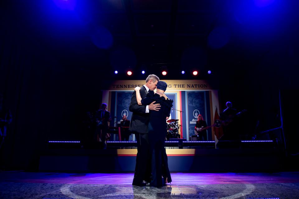 Gov. Bill Lee and First Lady Maria Lee dance together during the Inaugural Ball at The Fisher Center in Nashville , Tenn., Saturday, Jan. 21, 2023.