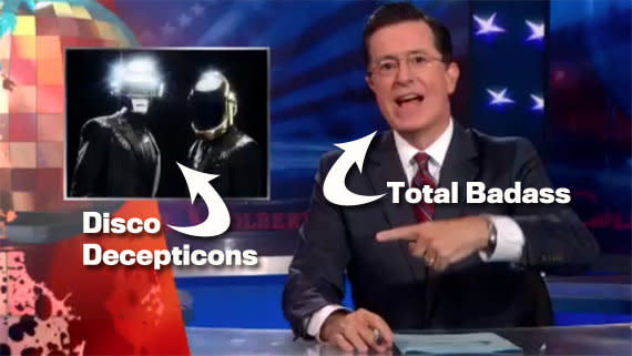 After Daft Punk cancelled their appearance on "The Colbert Report" the day before the taping, Colbert took the high road and <a href="http://www.huffingtonpost.com/2013/08/07/stephen-colbert-daft-punk-colbert-report-vma_n_3718608.html?1375880399" target="_blank">mercilessly mocked them</a>, MTV and Viacom.  He also revealed the reason: that Daft Punk was to be a surprise performer at the VMA's in September. So... SURPRISE!