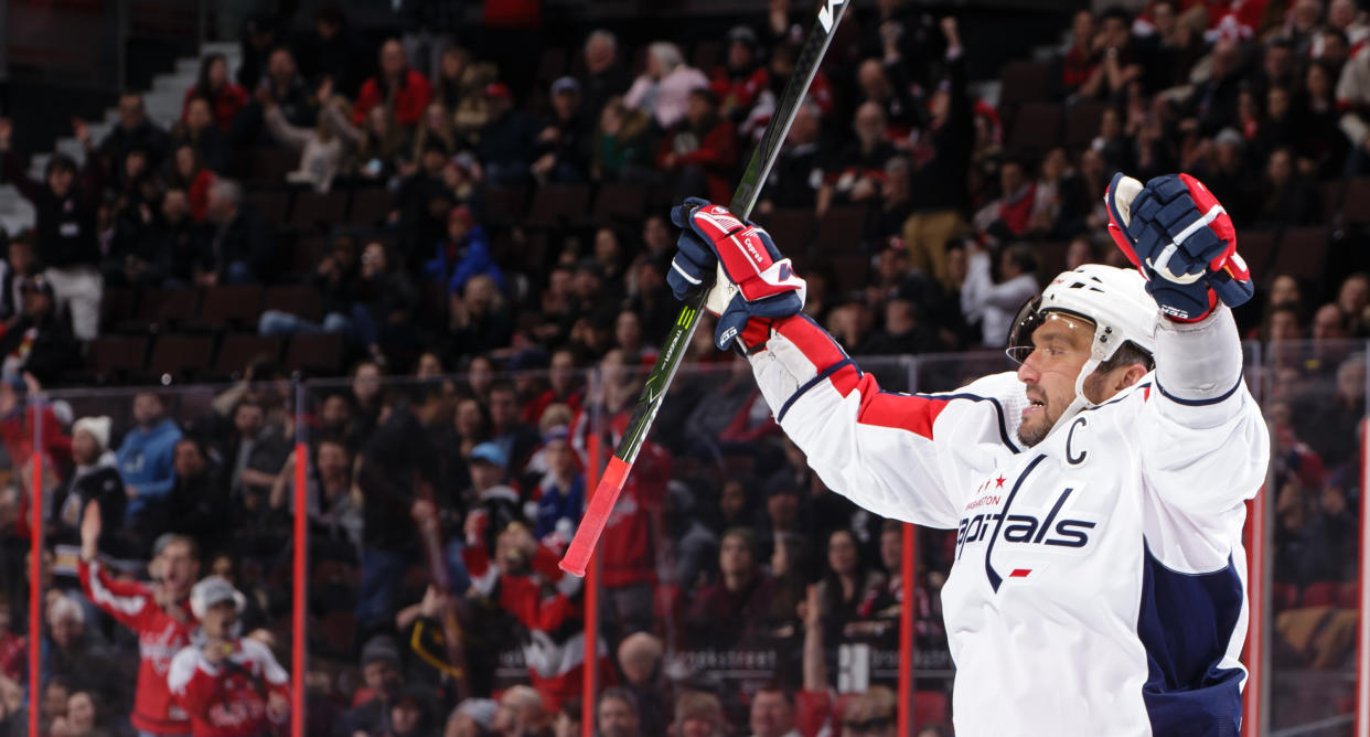 OTTAWA, ON - JANUARY 31:  Alex Ovechkin #8 of the Washington Capitals celebrates his third period empty-net goal, moving him past Mark Messier into 8th on the all-time NHL goals list, in a game against the Ottawa Senators at Canadian Tire Centre on January 31, 2020 in Ottawa, Ontario, Canada.  (Photo by Jana Chytilova/Freestyle Photography/Getty Images)