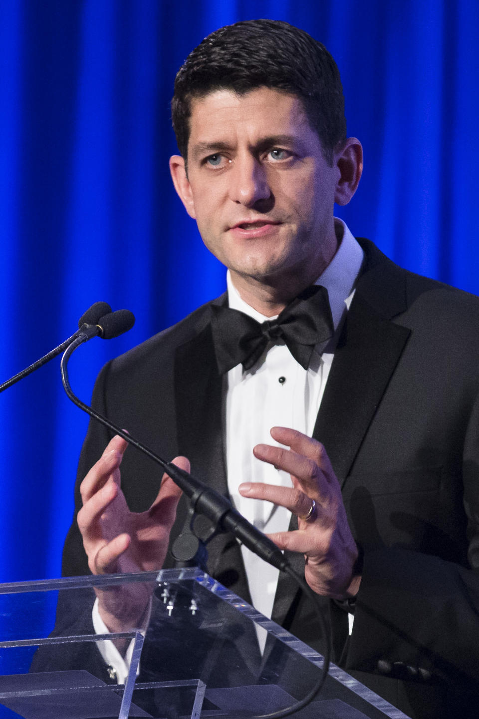 U.S. Rep. Paul Ryan, R-Wis., speaks at the Manhattan Institute for Policy Research Alexander Hamilton Award Dinner, Monday, May 12, 2014, in New York. Ryan and former Florida Gov. Jeb Bush courted some of Wall Street’s most powerful political donors Monday night, competing for attention from tuxedoed hedge fund executives gathered in midtown Manhattan as the early jockeying in the 2016 presidential contest quietly continues. (AP Photo/John Minchillo)