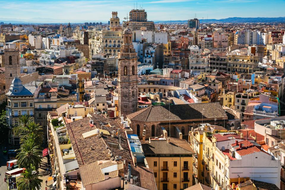 View of the city from Miguelete, Bell Tower of Santa Maria de Valencia. Cathedral. Valencia