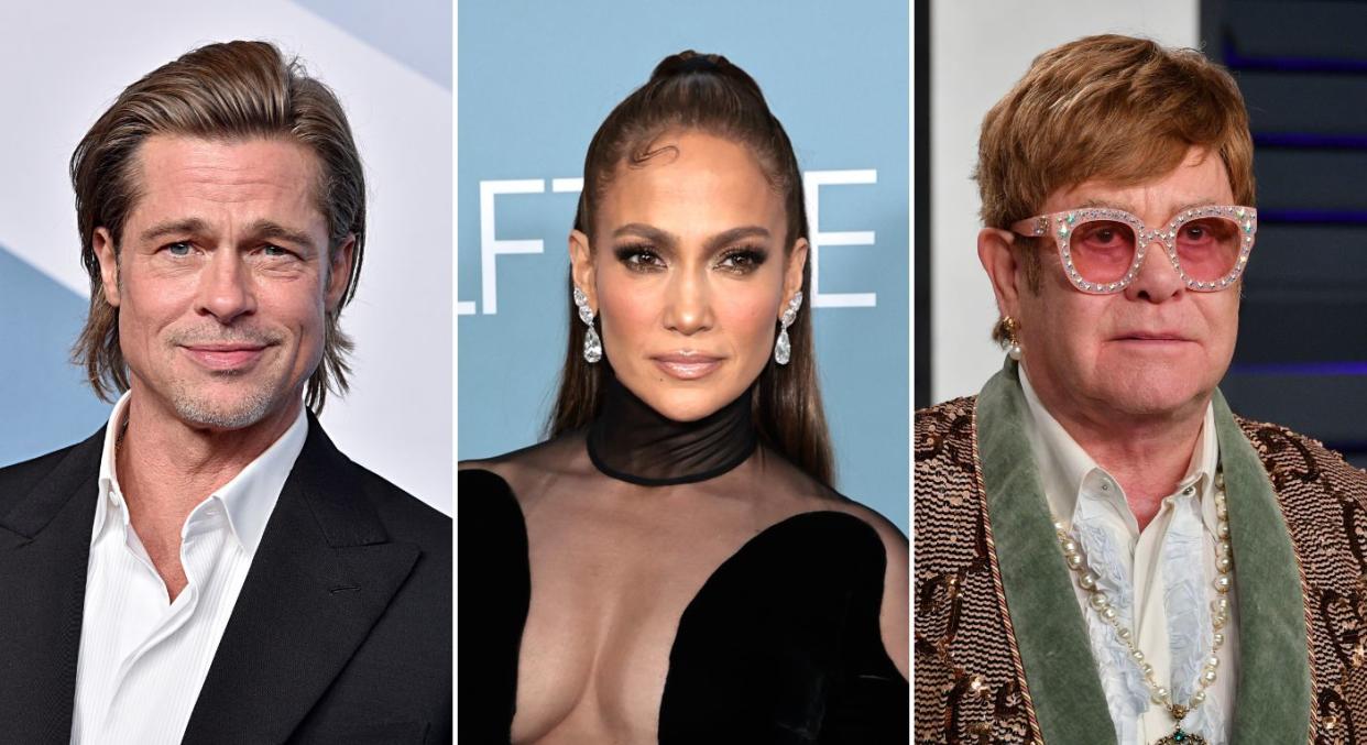 A composite image showing three sober celebrities: Brad Pitt, Jennifer Lopez, and Elton John. (Getty Images)