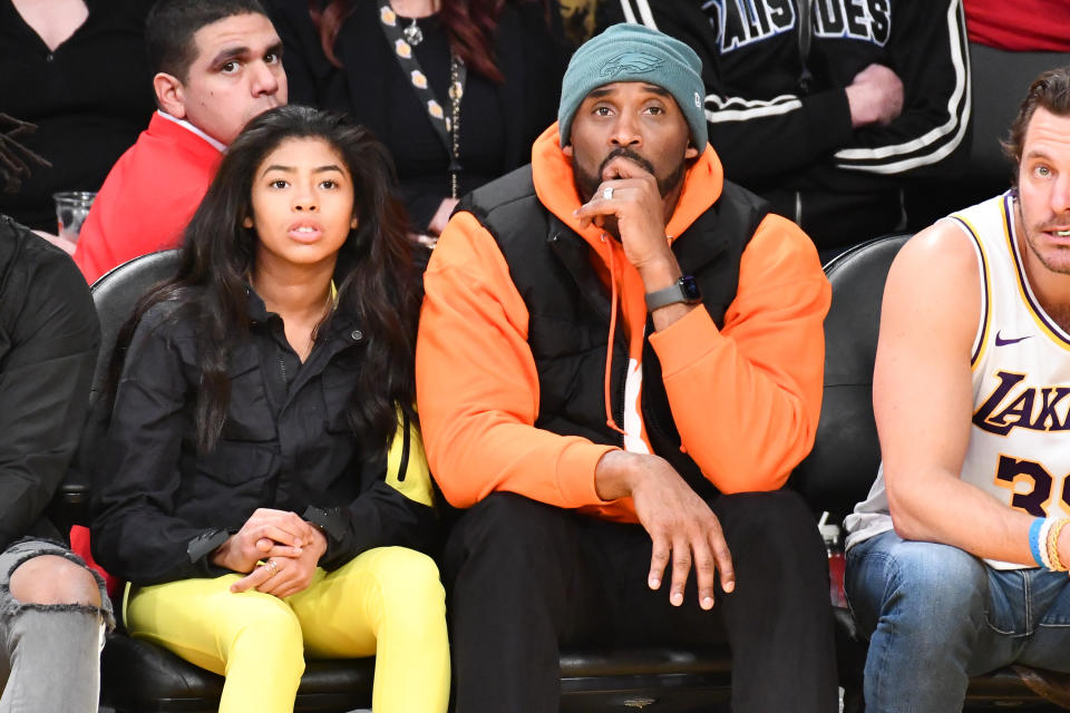 LOS ANGELES, CALIFORNIA - DECEMBER 29: Kobe Bryant and daughter Gianna Bryant attend a basketball game between the Los Angeles Lakers and the Dallas Mavericks at Staples Center on December 29, 2019 in Los Angeles, California. (Photo by Allen Berezovsky/Getty Images)