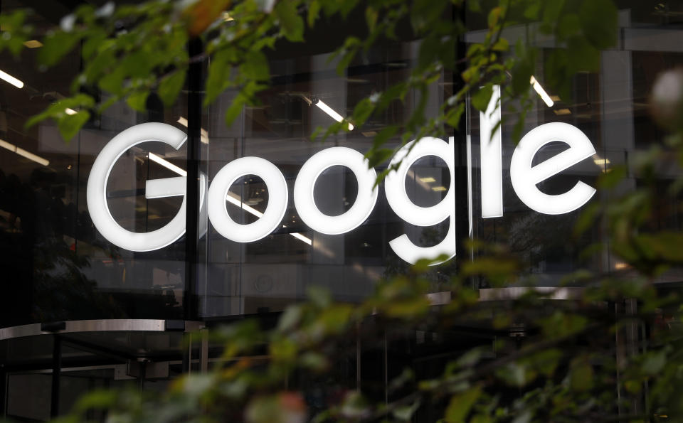 FILE- In this Nov. 1, 2018, file photo, the Google logo at their offices in Granary Square, London. The Australian consumer watchdog is taking Google to court alleging the technology giant broke consumer law by misleading Android users about how their location data was used. (AP Photo/Alastair Grant, File)