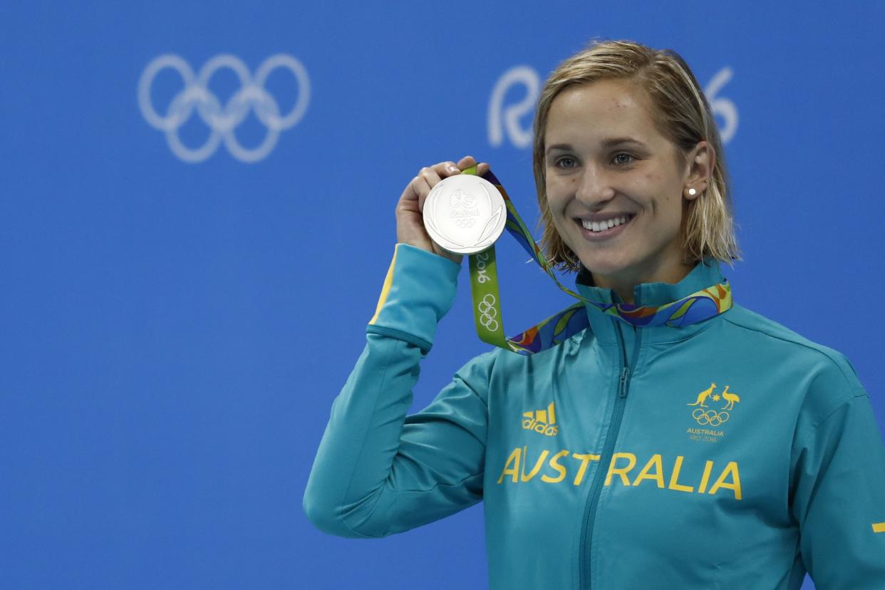 Australia's Madeline Groves poses with her silver medal on the podium of the Women's 200m Butterfly Final during the swimming event at the Rio 2016 Olympic Games at the Olympic Aquatics Stadium in Rio de Janeiro on August 10, 2016.   / AFP / Odd Andersen        (Photo credit should read ODD ANDERSEN/AFP via Getty Images)