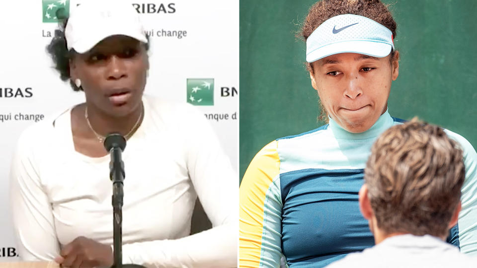 Venus Williams, pictured here responding to the Naomi Osaka furore at the French Open.