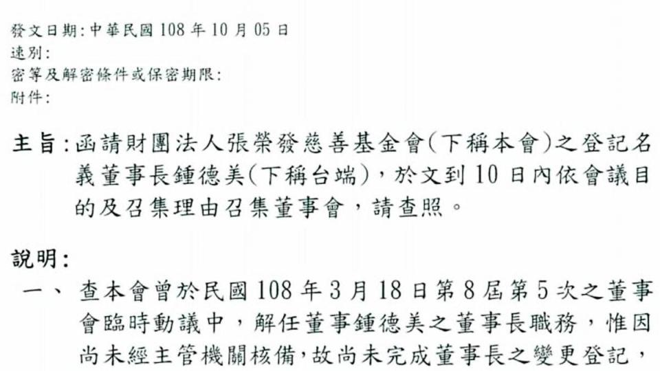 張國政發文給衛福部，要拉下張榮發慈善基金會董事長鍾德美。