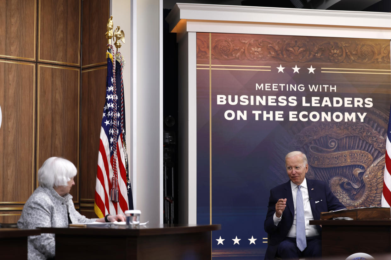 WASHINGTON, DC - JULY 28: U.S. President Joe Biden looks to Treasury Secretary Janet Yellen during a meeting on the U.S. Economy with CEOs and members of his Cabinet in the South Court Auditorium of the White House on July 28, 2022 in Washington, DC. During the meeting, President Biden was given a note by an aide which indicated that Creating Helpful Incentives to Produce Semiconductors (CHIPS) for America Act had received enough yes votes in the House of Representatives to pass the legislation. (Photo by Anna Moneymaker/Getty Images)
