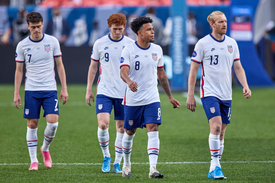 DENVER, CO - JUNE 06: United States midfielder Weston McKennie (8), defender Tim Ream (13), forward Gio Reyna (7) and forward Josh Sargent (9) look on in action during the CONCACAF Nations League finals between Mexico and the United States on June 06, 2021, at Empower Field at Mile High in Denver, CO. (Photo by Robin Alam/Icon Sportswire via Getty Images)