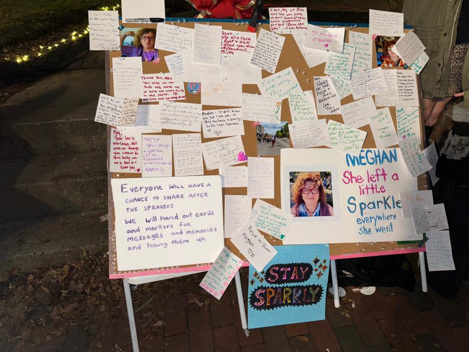 A bulletin board holds messages in remembrance of Meghan Riley Lewis, a transgender woman whose signature sign-off was "Stay sparkly." Lewis, known for her support of LGBTQ+ people, was fatally shot Dec. 27.