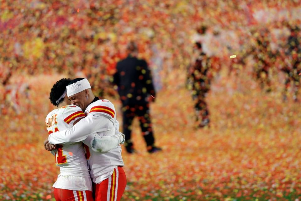 Trent McDuffie and Skyy Moore celebrate winning Super Bowl 57 (Getty Images)