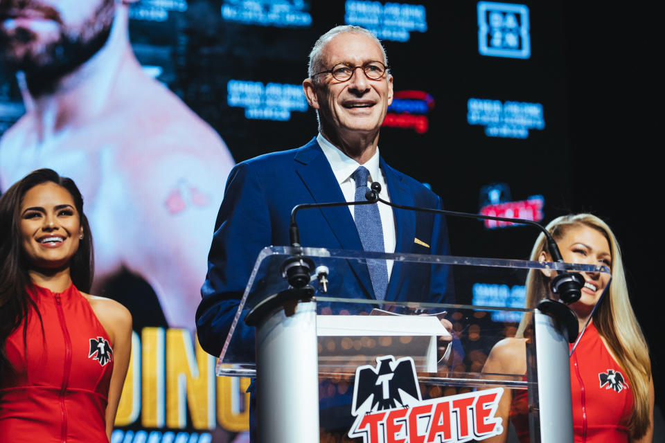 DAZN executive chairman John Skipper announces DAZN’s deal with Golden Boy Promotions at a press conference in New York City on Oct. 17, 2018. (<span>Amanda Westcott/DAZN)</span>