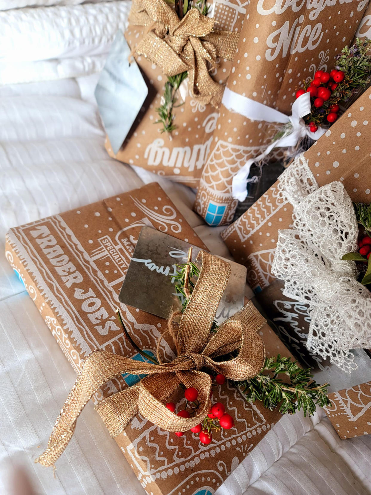 Spence's gifts, wrapped in Trader Joe's paper bags. (Courtesy Karen Stuart Spence)