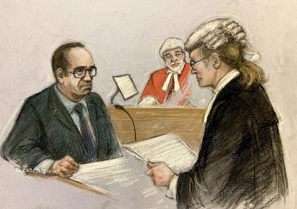 Court artist sketch of Spacey being cross examined by Christine Agnew KC (PA)