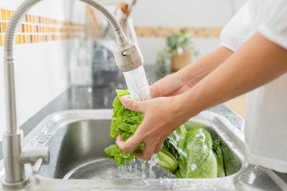 woman washing lettuce in sink