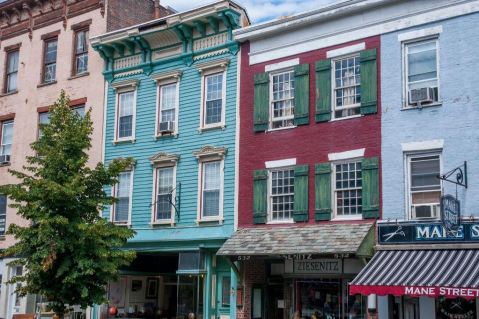 detail of the houses on warren street in the town of hudson on hudson river in new york state, usa