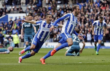 Britain Football Soccer - Brighton & Hove Albion v Wigan Athletic - Sky Bet Championship - The American Express Community Stadium - 17/4/17 Glenn Murray of Brighton and Hove Albion celebrates with Anthony Knockaert after scoring their first goal Action Images / Henry Browne Livepic