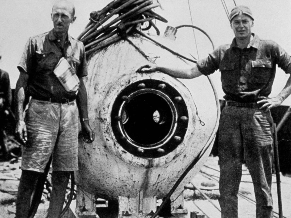 Otis Barton and William Beebe with the bathysphere in 1934.