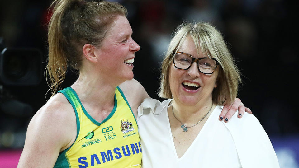 Australian coach Lisa Alexander hugs Tegan Philip following the 2019 Constellation Cup match against the New Zealand Silver Ferns.