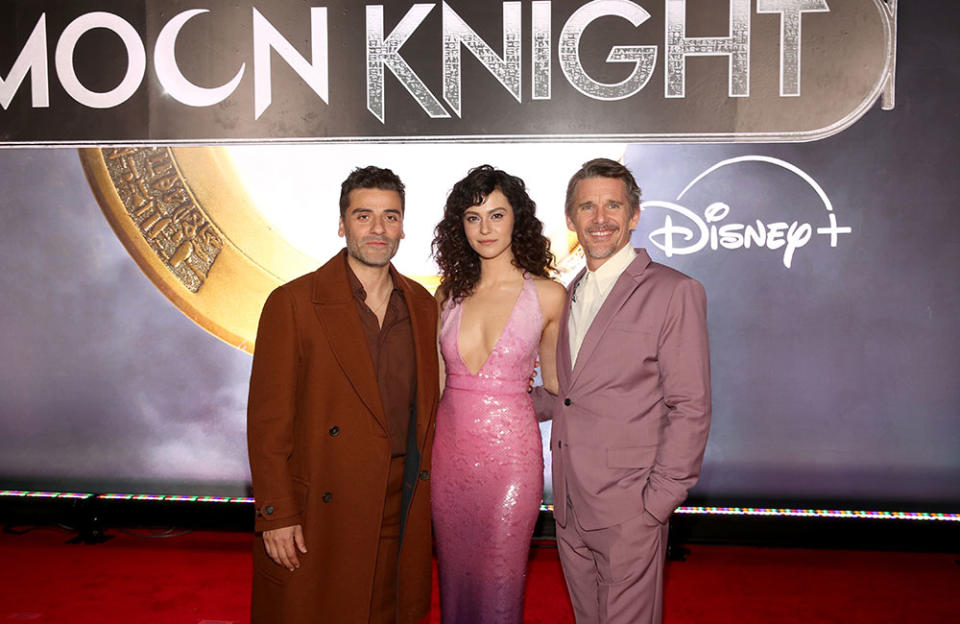 Moon Knight stars Oscar Isaac, May Calamawy and Ethan Hawke - Credit: Jesse Grant/Getty Images