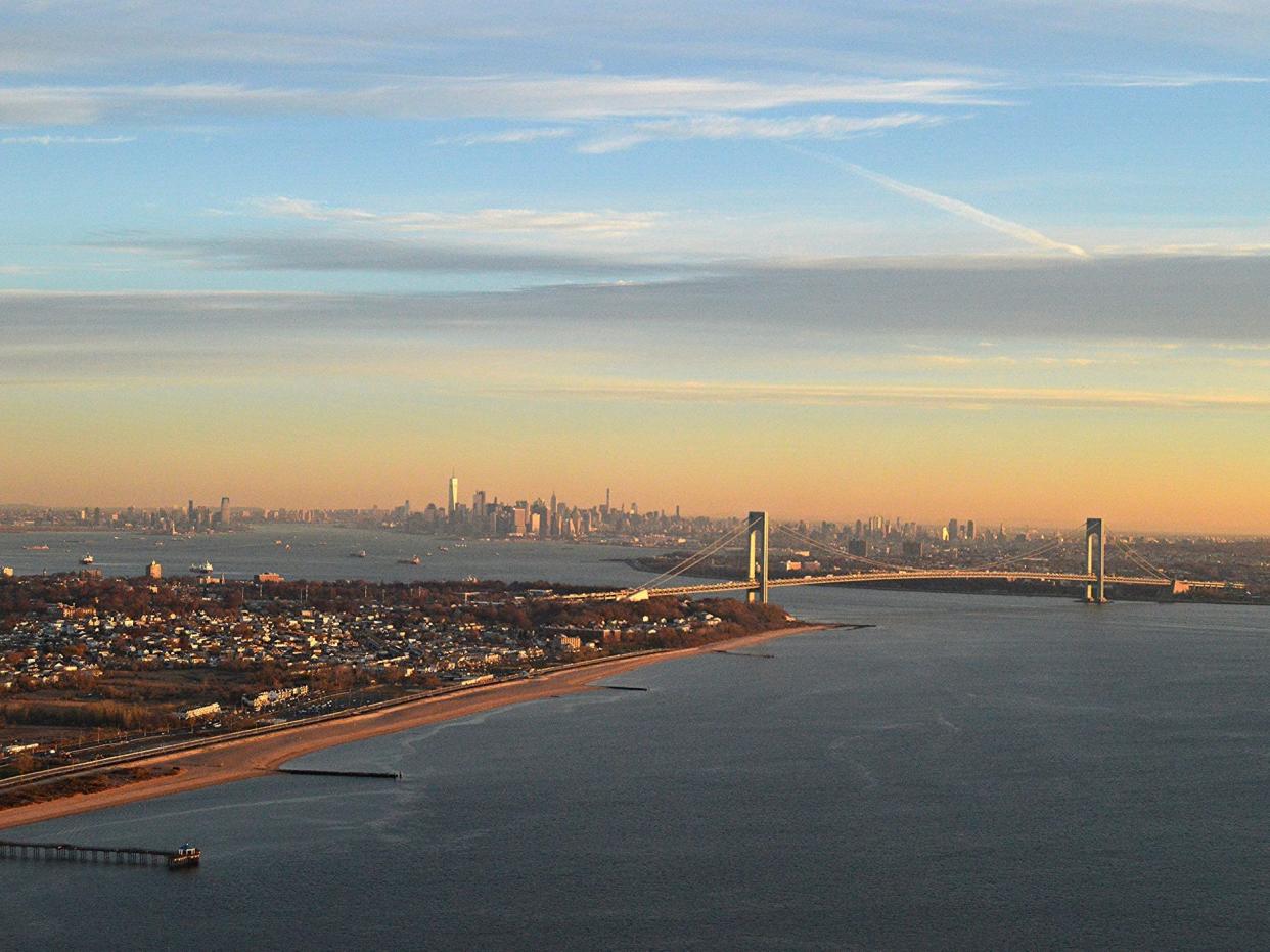 An aerial view of Staten Island and the Verrazzano-Narrows Bridge.