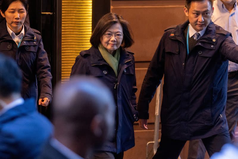 Taiwan's President Tsai Ing-wen departs the Lotte Hotel in Manhattan in New York City