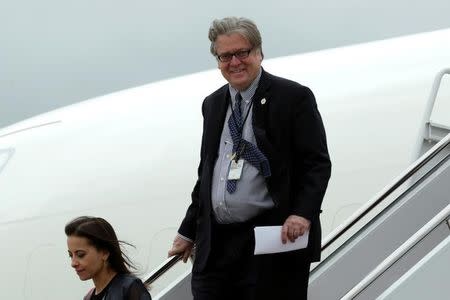 White House Senior Counselor Steve Bannon arrives at Joint Base Andrews outside Washington, U.S., after a day trip to Lynchburg, Virginia with President Donald Trump, May 13, 2017. REUTERS/Yuri Gripas/Files