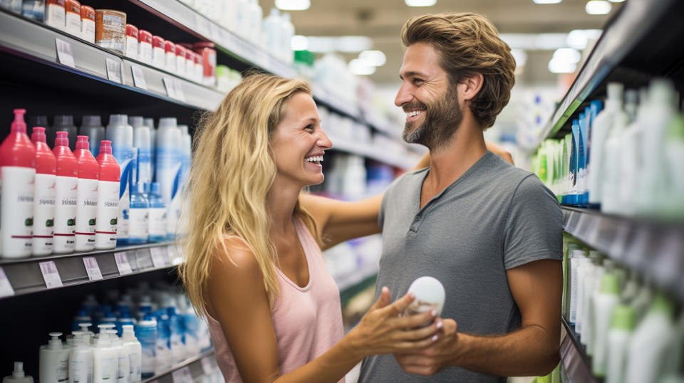 A happy couple viewing the products of this household and personal product company in a mass merchandiser store.