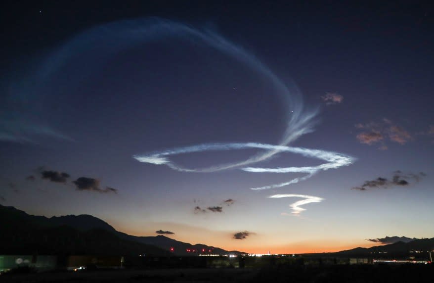 SpaceX Falcon 9 rocket ln the sky over Southern California as seen from Whitewater, CA.