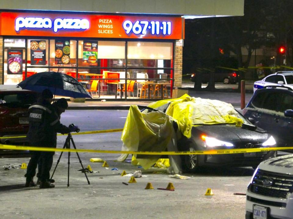 A man and a woman were rushed to hospital in life-threatening condition after a shooting in a plaza parking lot in Brampton, Ont., Sunday, Peel police say. (Mark Bochsler/CBC - image credit)