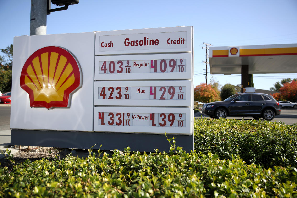 GREENBRAE, CALIFORNIA - OCTOBER 31: A sign is posted in front a Shell service station on October 31, 2019 in Greenbrae California. Royal Dutch Shell reported a 15 percent decline in third-quarter earnings with net profits of $4.767 billion compared to compared to $5.624 billion one year earlier. (Photo by Justin Sullivan/Getty Images)